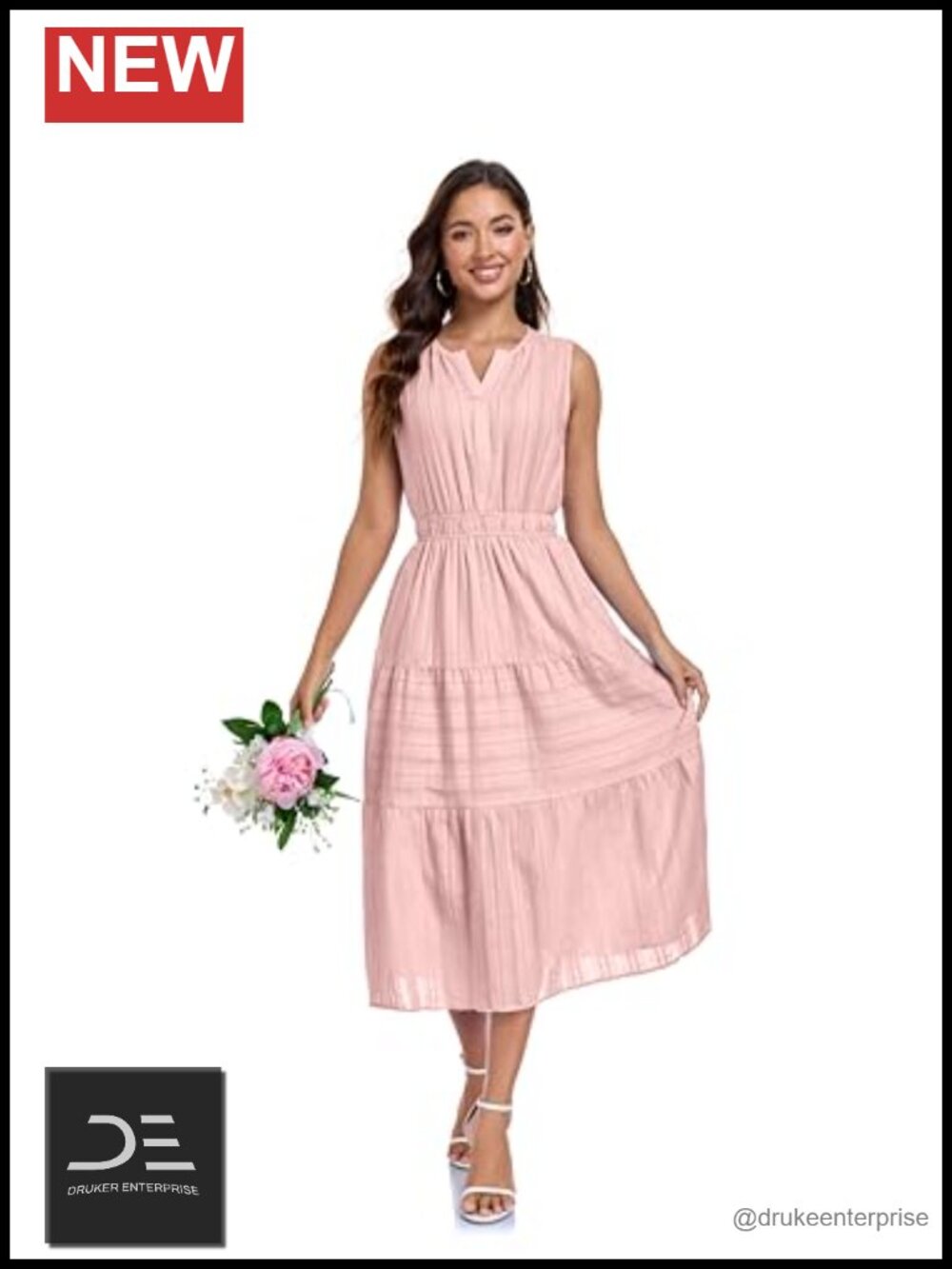 Women's Boho Sleeveless Midi Dress Cotton Jacquard V Neck with Pockets